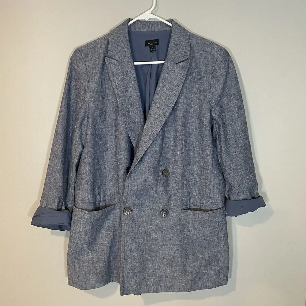 Ann Taylor Factory Double Breasted Linen Blend Blazer Size 14 Chambray Denim